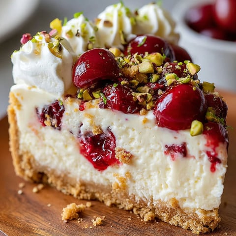 A slice of cheesecake with cherries and pistachios.
