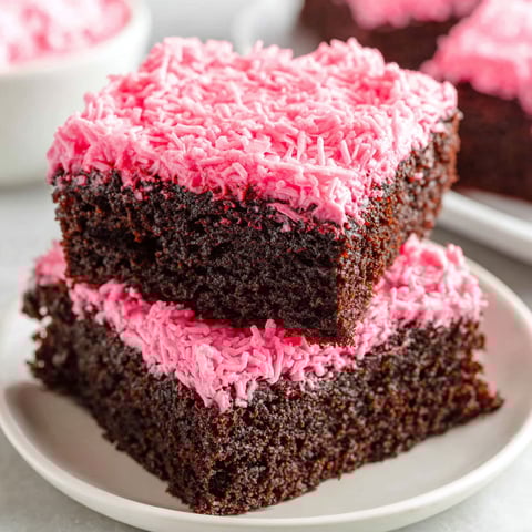A plate of chocolate cake with pink frosting.