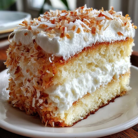 A slice of coconut cloud cake on a plate.