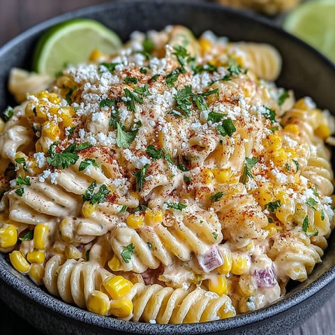 A bowl of Mexican street corn pasta salad.