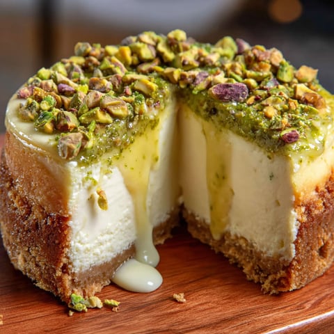 A slice of pistachio cheesecake with topping.