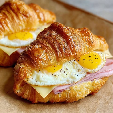 A croissant sandwich with egg and ham.