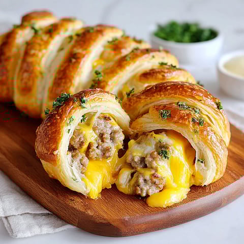 Sausage cheddar crescent rolls on a cutting board.