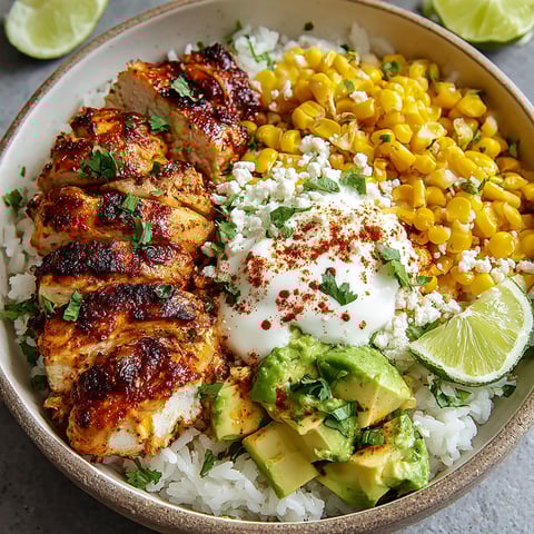 A bowl of food with chicken, rice, and corn.