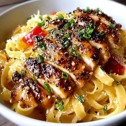 A bowl of pasta with chicken and peppers.