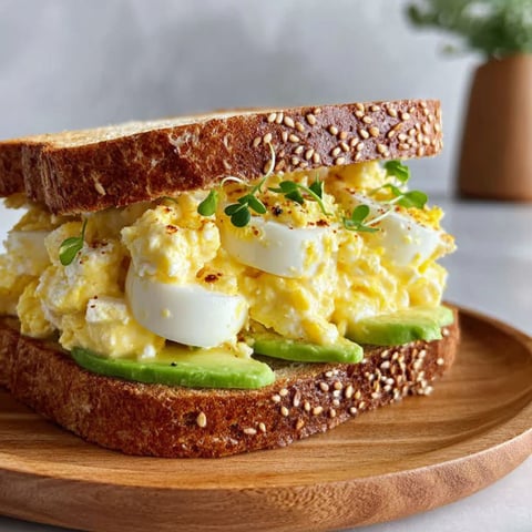 A sandwich with egg salad and cottage cheese.