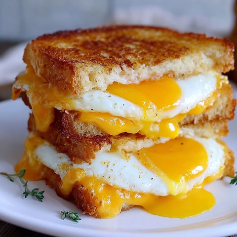 A stack of grilled cheese sandwiches with fried eggs on top.