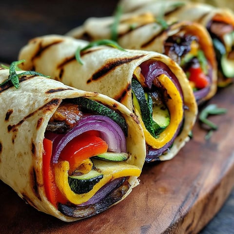 A grilled vegetable wrap on a wooden cutting board.