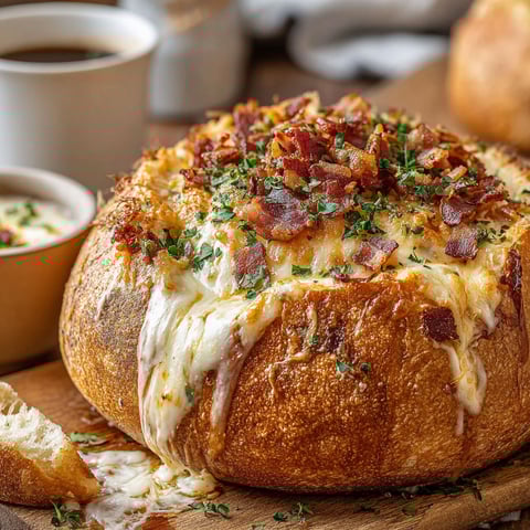 A cheese and bacon cob loaf on a wooden table.