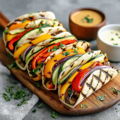 A wooden cutting board with grilled veggie wraps.