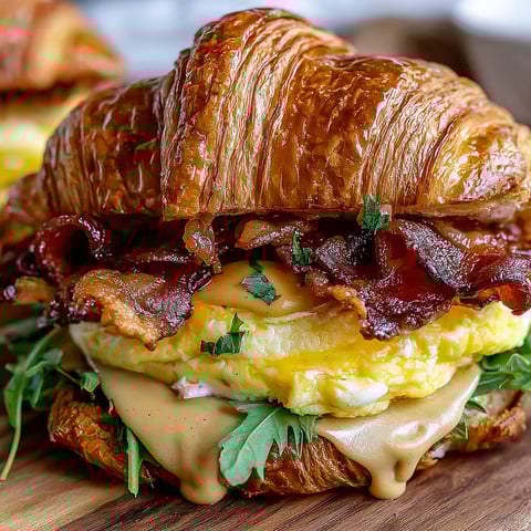 A croissant sandwich with bacon, egg, and maple mustard.