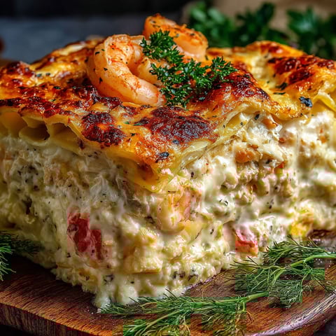 A seafood lasagna with shrimp and crab meat.