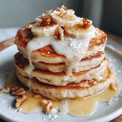Banana pancakes with syrup and nuts.