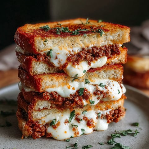 A stack of grilled cheese sandwiches with meat sauce.