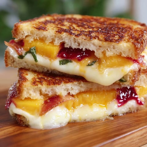 A sandwich with peaches and cheese.