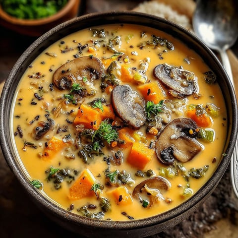 A bowl of soup with mushrooms, carrots, and greens.