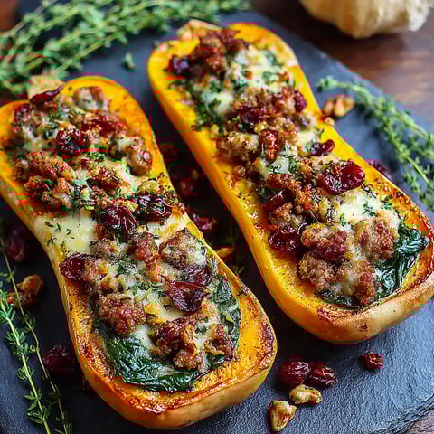 Two stuffed butternut squash with meat and cheese.