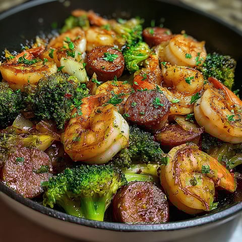 A bowl of food containing shrimp, sausage, and broccoli.