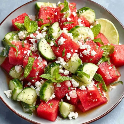 A bowl of watermelon, cucumber, and mint salad.