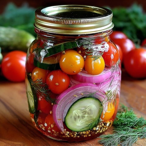 A jar of pickled cherry tomatoes, onions, and cucumbers.