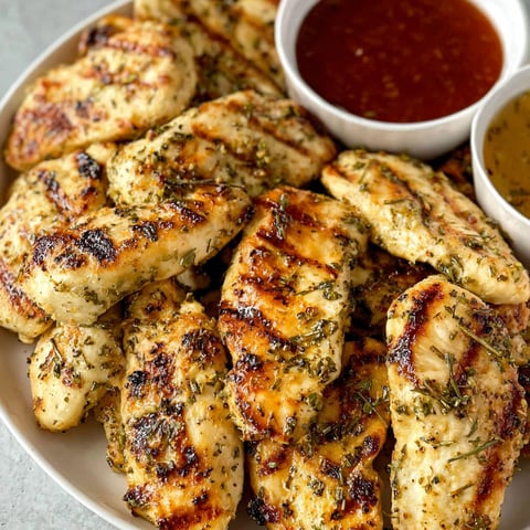 A plate of grilled chicken nuggets with a dipping sauce.