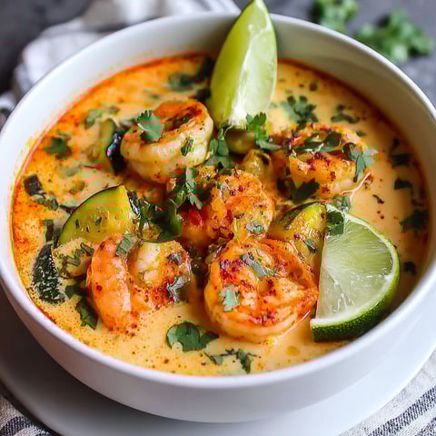 A bowl of shrimp soup with lime wedges.
