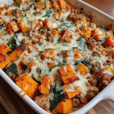 A baked dish with sweet potatoes and greens.