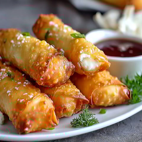 A plate of cream cheese rangoon rolls.