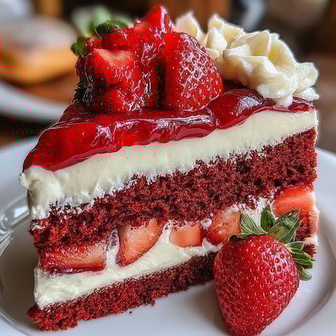 A slice of red velvet strawberry cheesecake.