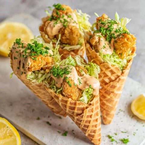 Spicy chicken waffle cones with creamy sriracha sauce.
