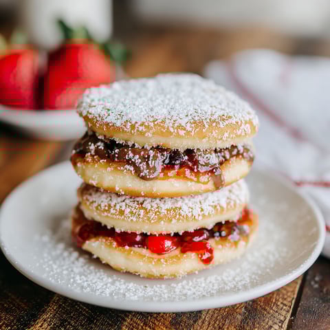 Three stacked fried uncrustables with strawberries and jam.