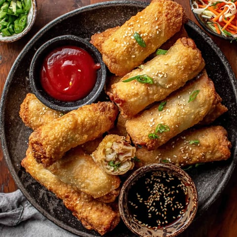 A plate of homemade egg rolls.