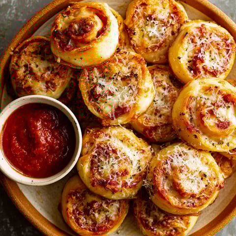 A plate of pizza wheels with cheese and sauce.