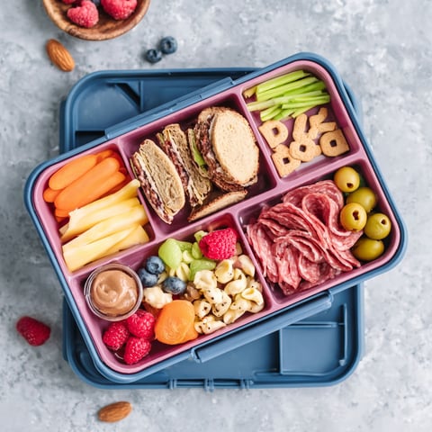A blue lunch box with a variety of foods.