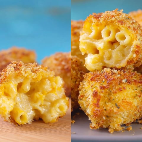 A close up of a crispy baked mac and cheese bite.