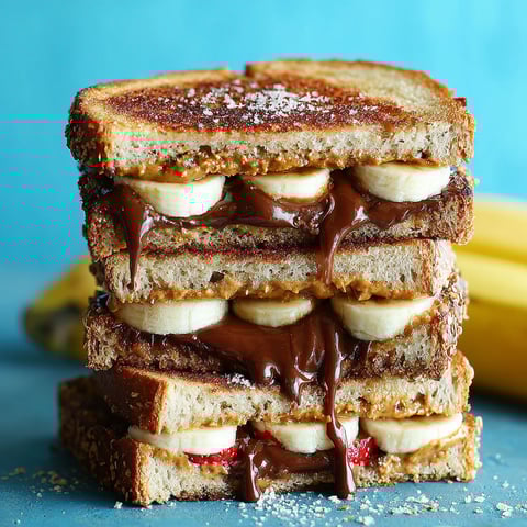 A stack of grilled banana sandwiches with chocolate drizzled on top.