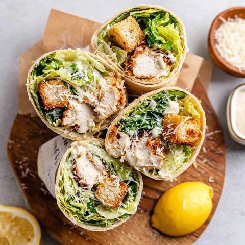 A chicken Caesar wrap is displayed on a wooden cutting board.
