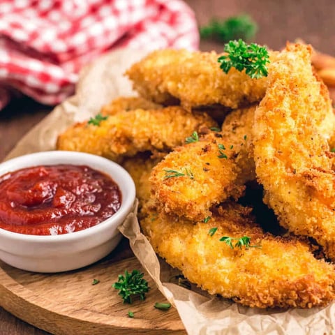 A plate of homemade chicken tenders with a dipping sauce.