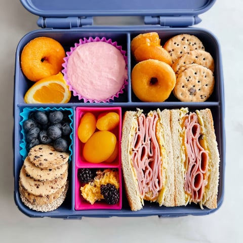 A lunch box filled with various food items.