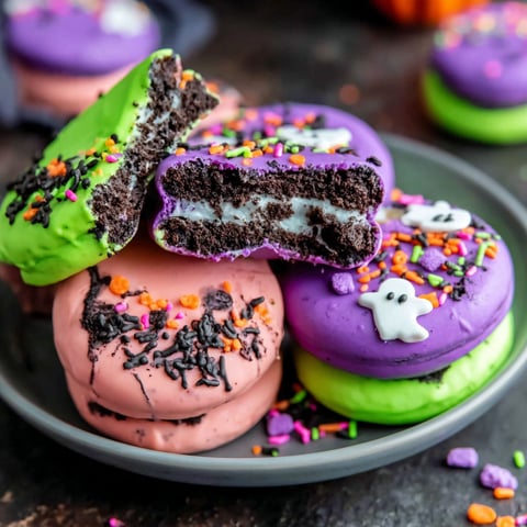 A plate of Halloween chocolate covered Oreos.