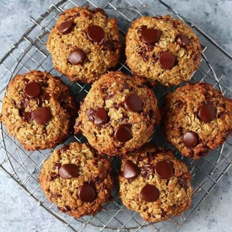 A tray of gluten-free oatmeal chocolate chip cookies.