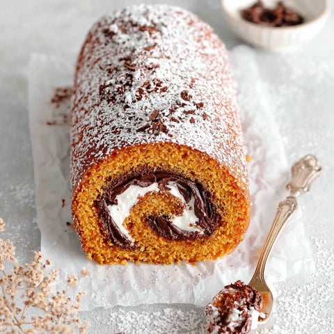 A small pumpkin roll cake with chocolate filling.