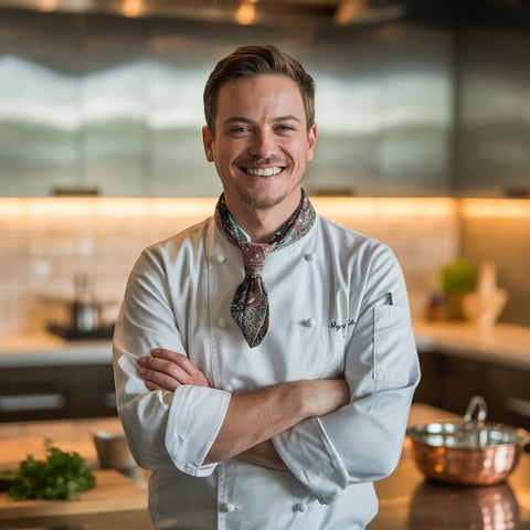 A chef in a kitchen with a bowl of food.