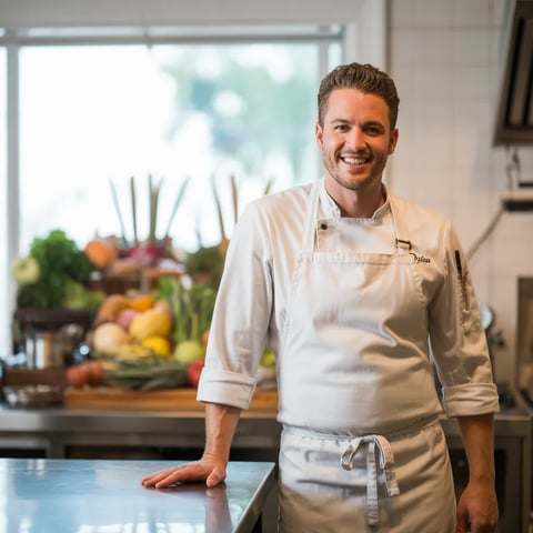 Alain, a chef, poses in front of a counter with a variety of fruits and vegetables.