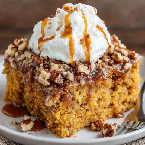 A slice of pumpkin spice cake with white icing and caramel drizzle.