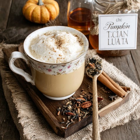 A cup of pumpkin pecan chai latte with a cinnamon stick in it.