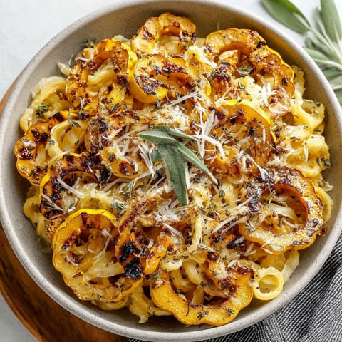 A bowl of pasta with roasted delicata squash.