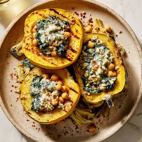 A plate of roasted carnival squash with savory chickpea filling.