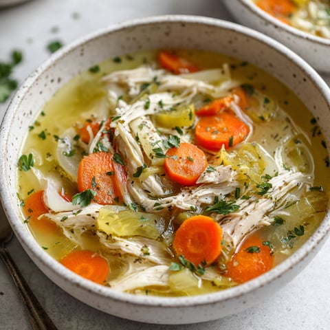 A bowl of chicken soup with carrots and herbs.