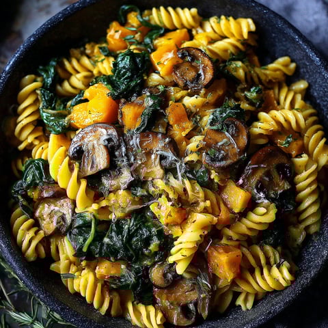 A bowl of pasta with mushrooms and spinach.